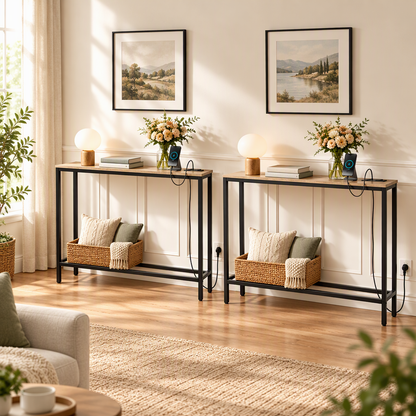 Artiss Set of 2 Narrow Sofa Console Tables with Charging Station, Wood