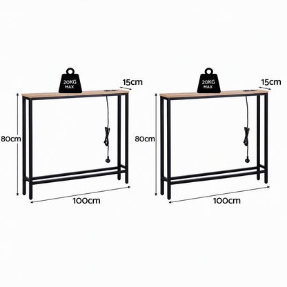 Artiss Set of 2 Narrow Sofa Console Tables with Charging Station, Wood