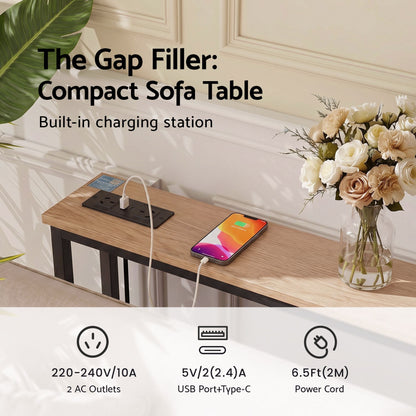 Artiss Set of 2 Narrow Sofa Console Tables with Charging Station, Wood