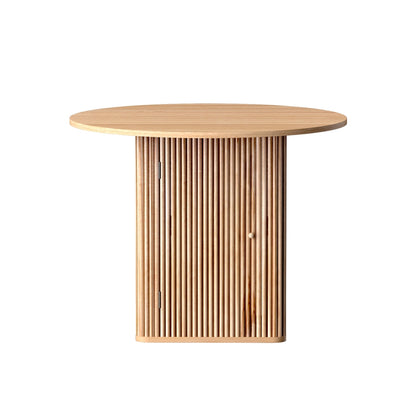 Wooden dining table with storage base, 1 meter long, featuring a fluted wood design by The Willow Stone Collective.
