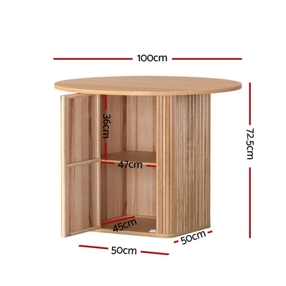 Wood dining table with storage base, 1 meter length, fluted design, by The Willow Stone Collective, showcasing its elegant furniture style.
