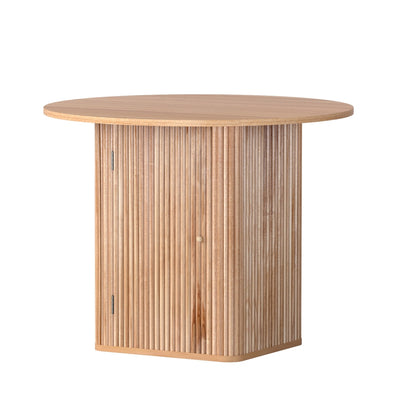 Wood dining table with storage base, 1 meter length, fluted wood design, from The Willow Stone Collective.