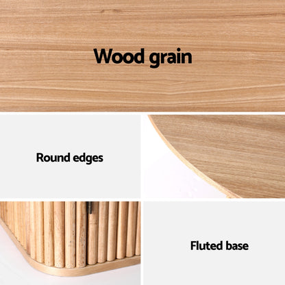 Wood dining table with storage base, 1 meter length, fluted design, from The Willow Stone Collective.