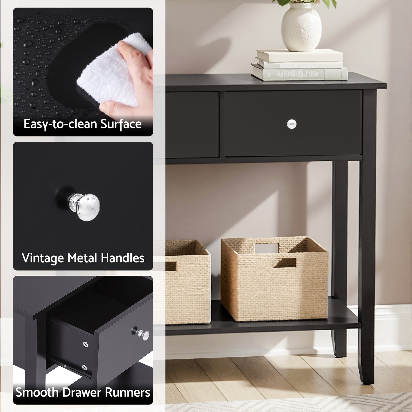 Console Table with 2 Drawers – 80cm Black