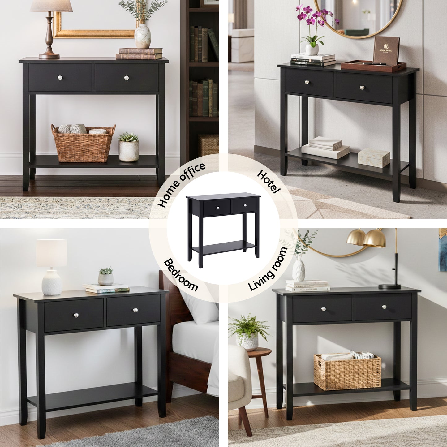 Console Table with 2 Drawers – 80cm Black