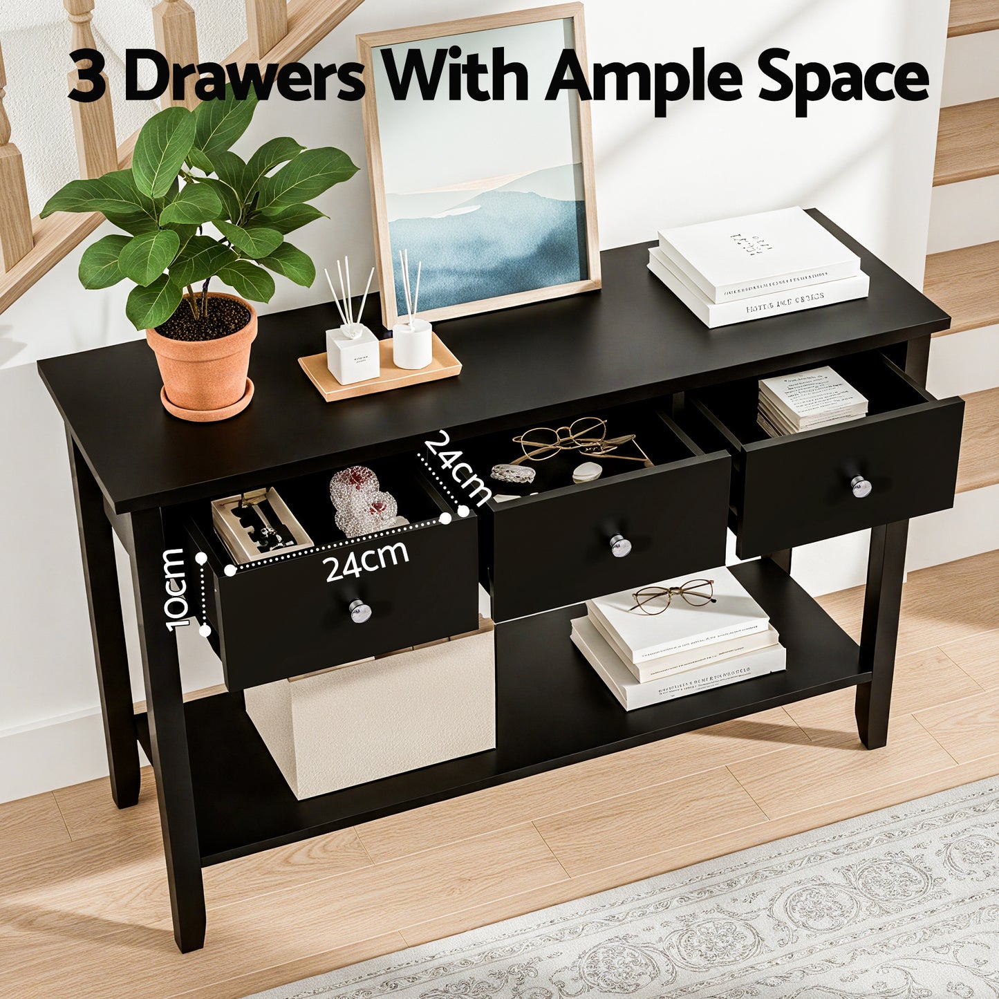 Console Table with 3 Drawers – 100cm Black