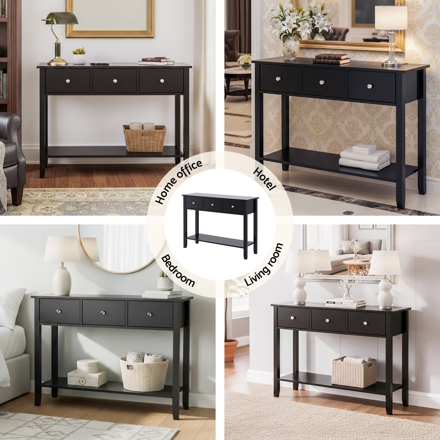 Console Table with 3 Drawers – 100cm Black