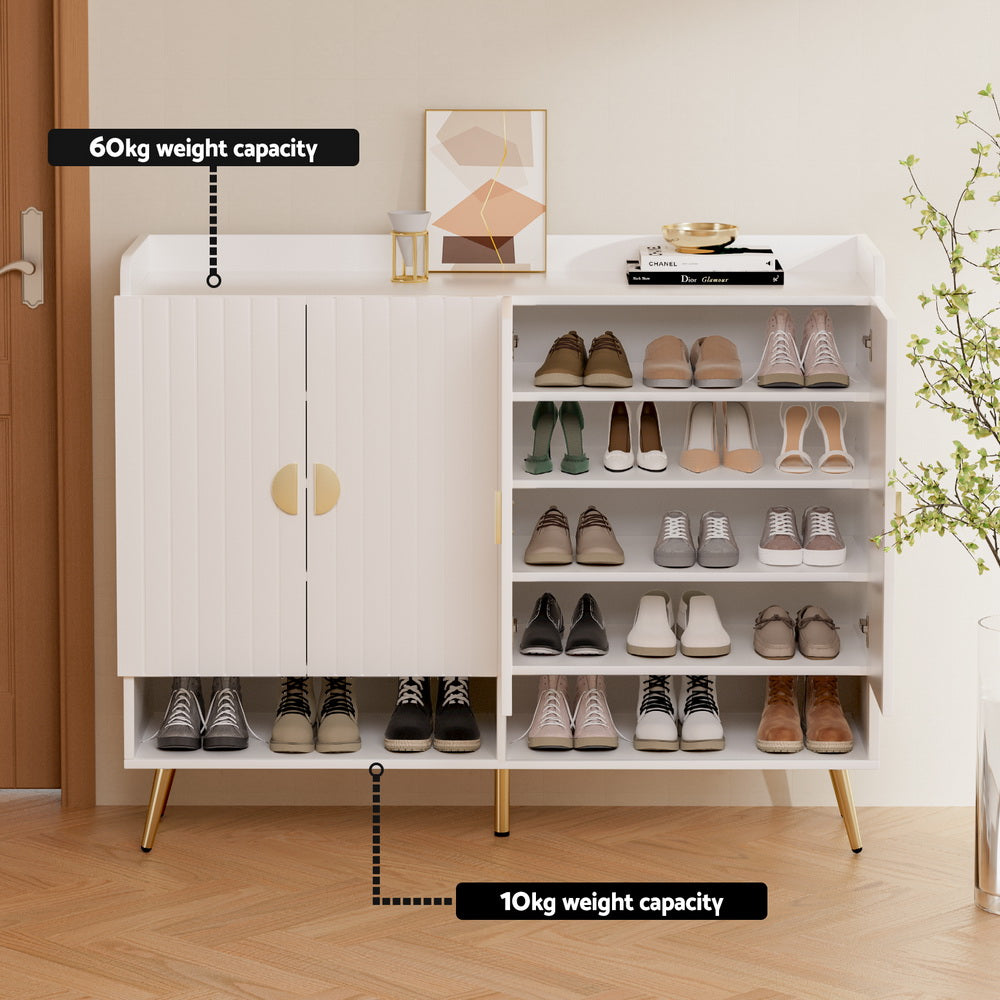 Shoe Rack Cabinet – 5 Tiers, Adjustable Shelves, White with Gold Feet