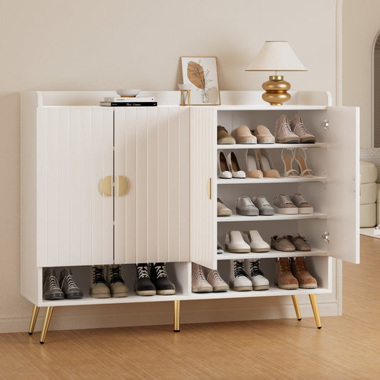 Shoe Rack Cabinet – 5 Tiers, Adjustable Shelves, White with Gold Feet