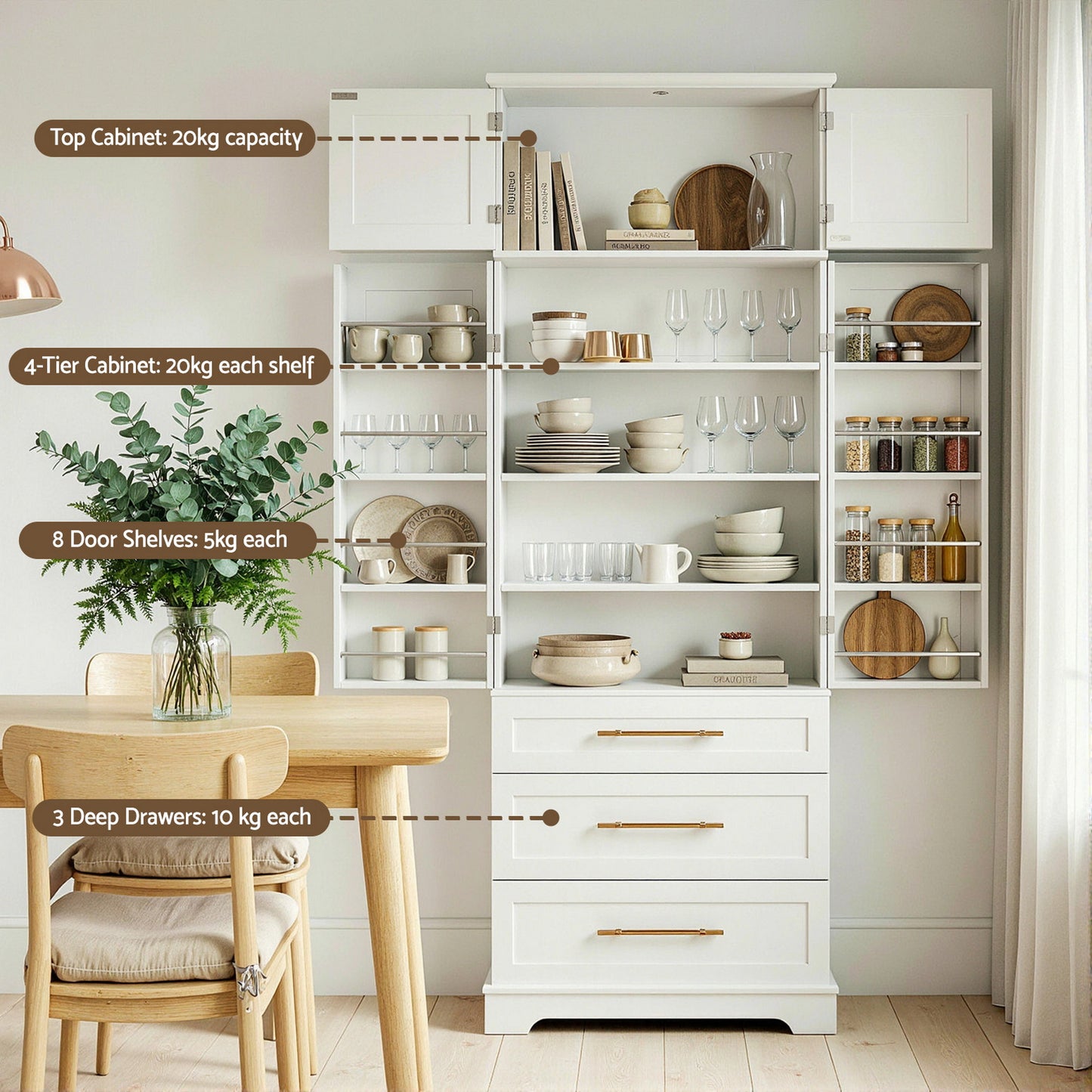 Buffet Sideboard Cabinet Set – Kitchen Pantry Storage with Drawers and Doors in White