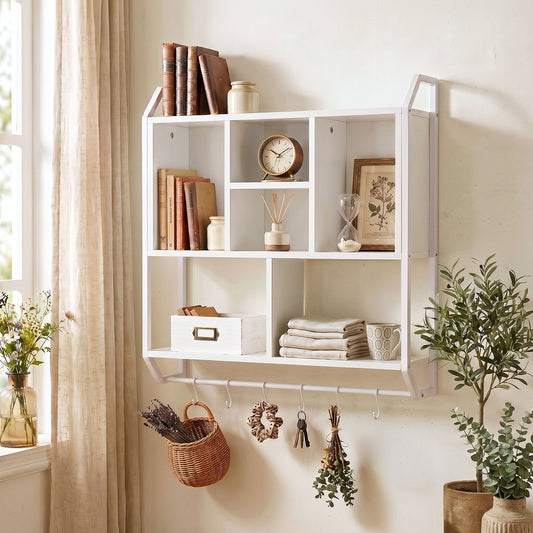 TWSC Floating Wall Shelf 6 Hooks Wall Mounted Storage Cubby Rack 73.5x74CM White