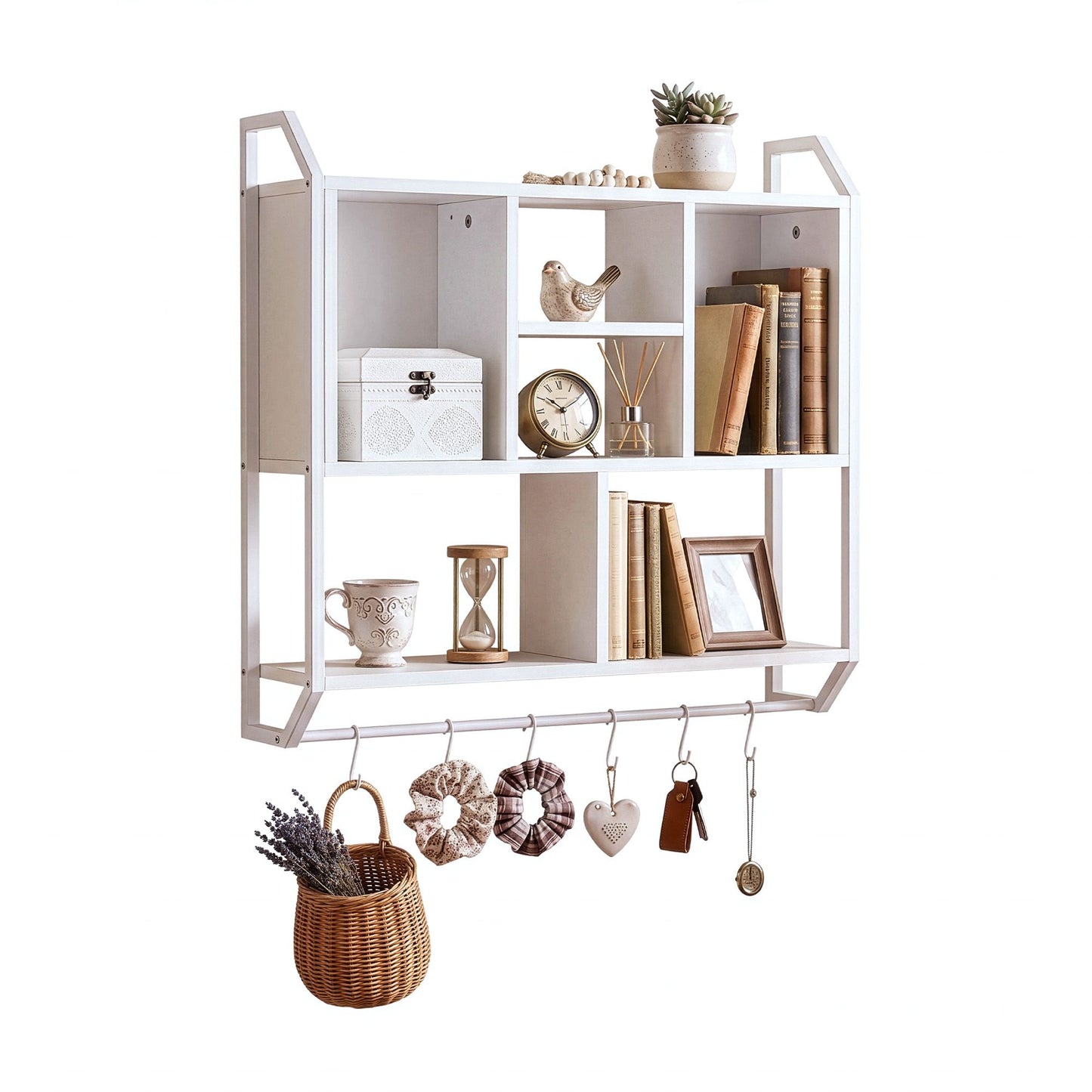 TWSC Floating Wall Shelf 6 Hooks Wall Mounted Storage Cubby Rack 73.5x74CM White