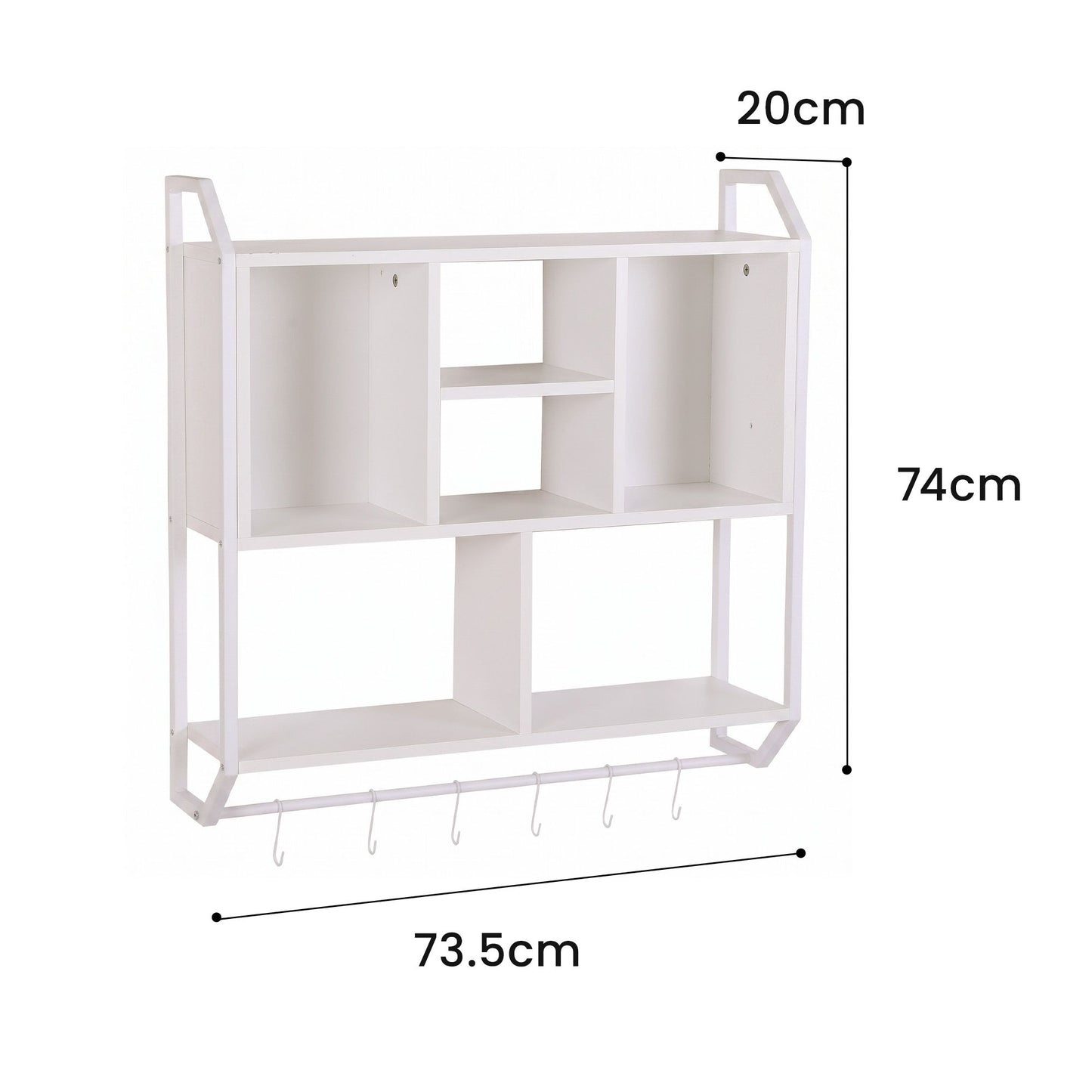 TWSC Floating Wall Shelf 6 Hooks Wall Mounted Storage Cubby Rack 73.5x74CM White
