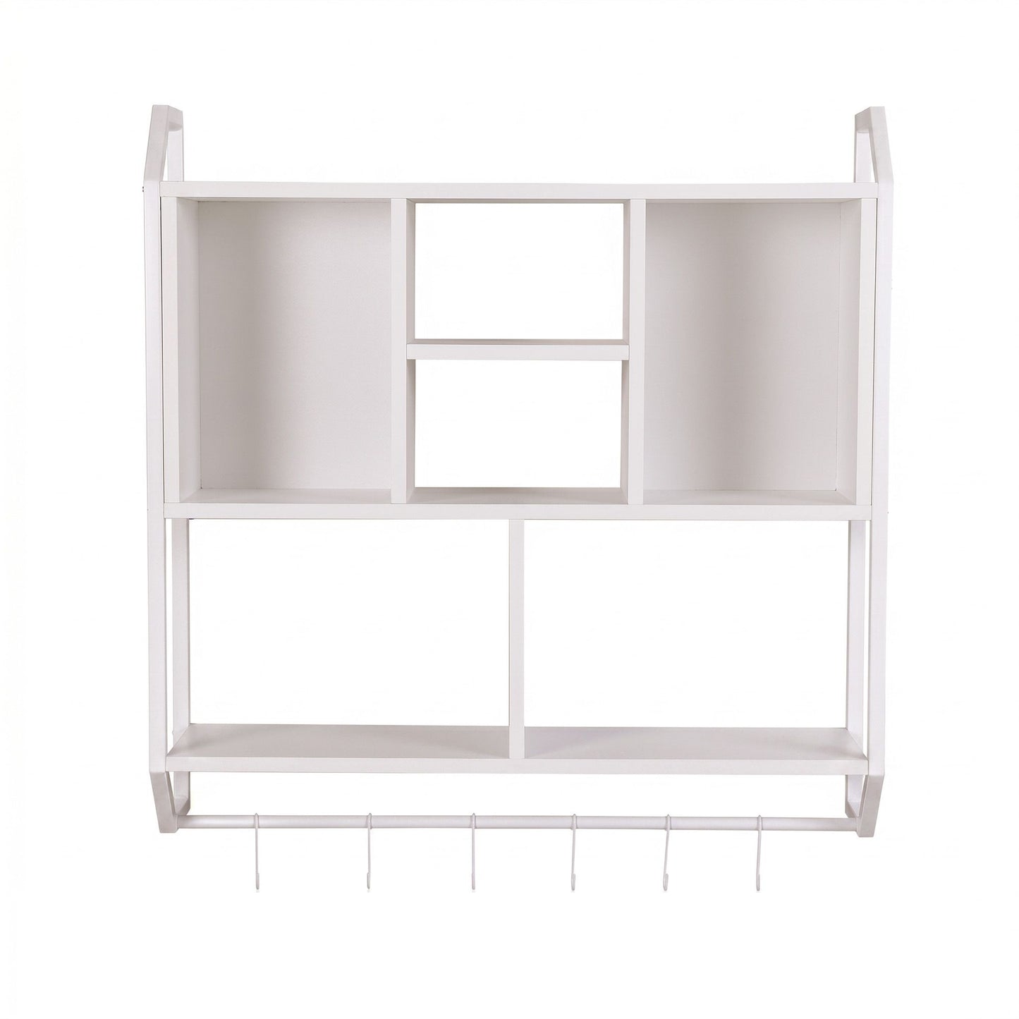 TWSC Floating Wall Shelf 6 Hooks Wall Mounted Storage Cubby Rack 73.5x74CM White