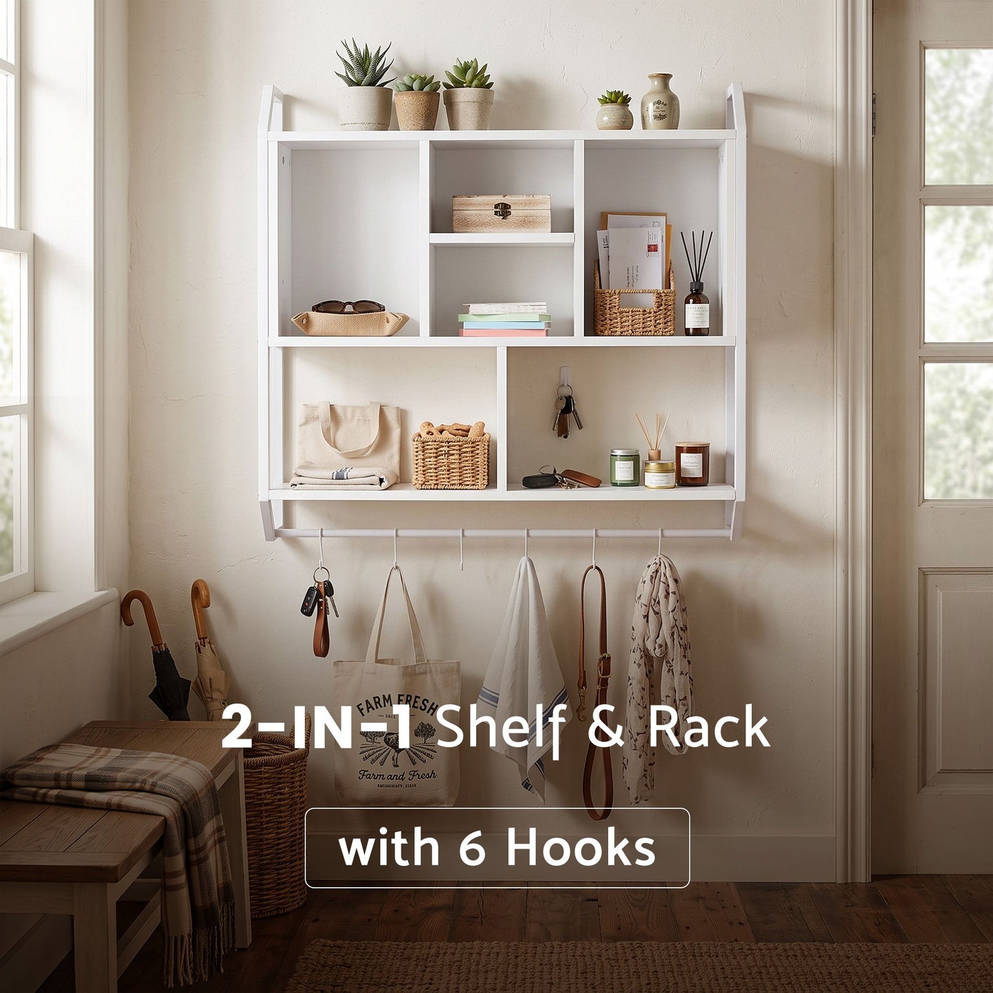 TWSC Floating Wall Shelf 6 Hooks Wall Mounted Storage Cubby Rack 73.5x74CM White