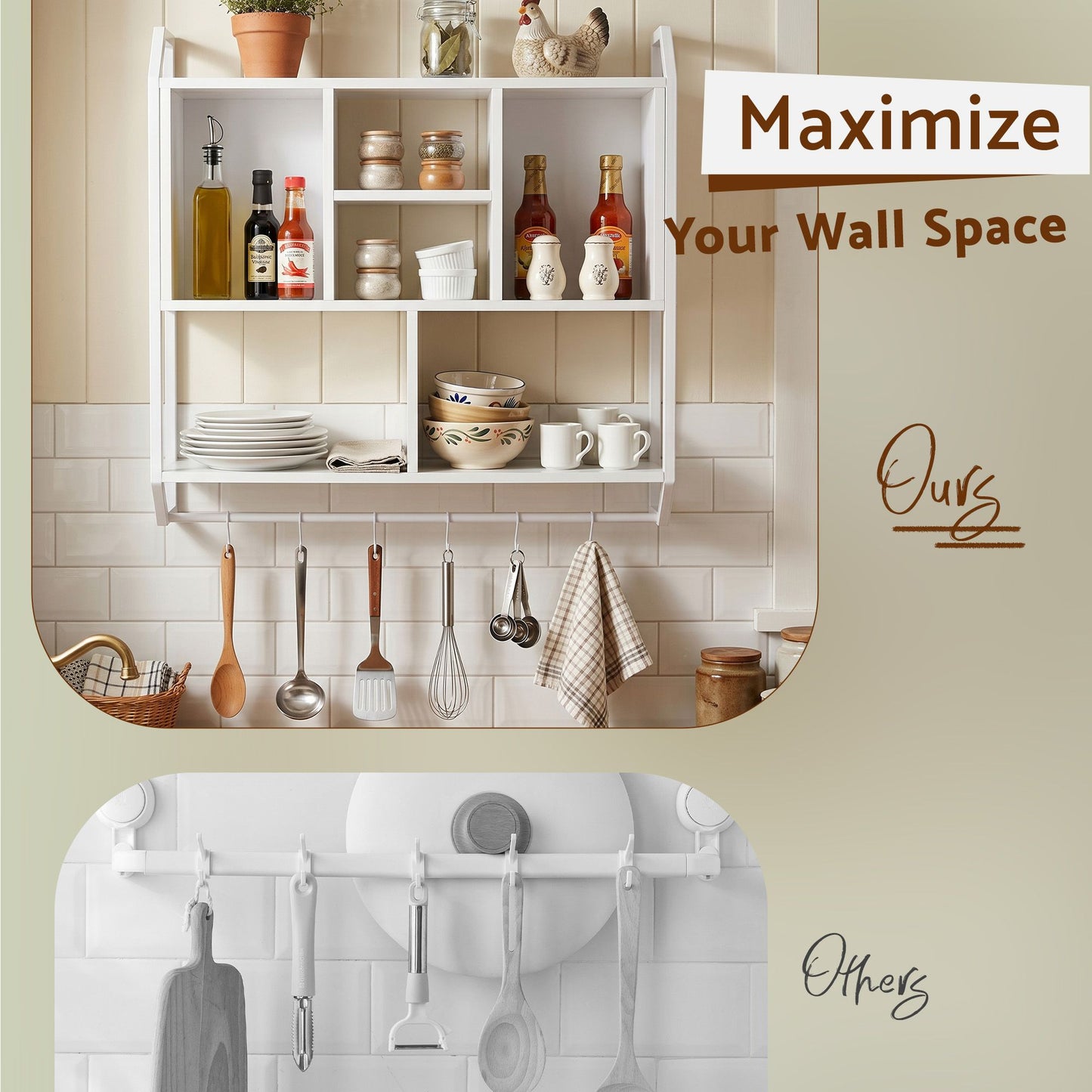 TWSC Floating Wall Shelf 6 Hooks Wall Mounted Storage Cubby Rack 73.5x74CM White