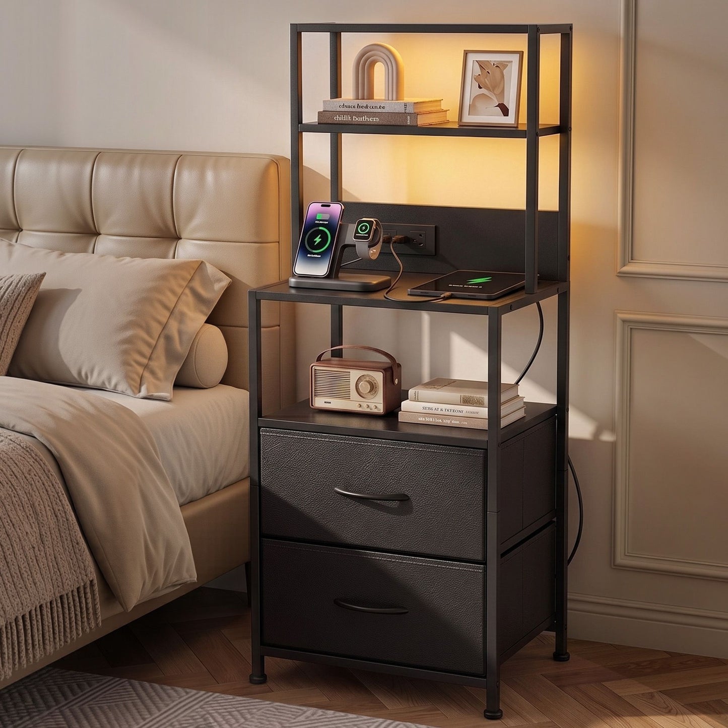 TWSC Bedside Table Tall Nightstand with Charging Station Drawers LED Black