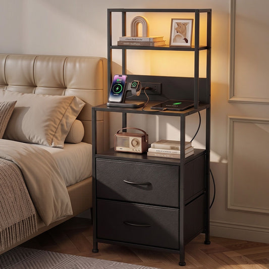 Bedside Table with Charging Station and LED Lighting – Tall Nightstand, Black