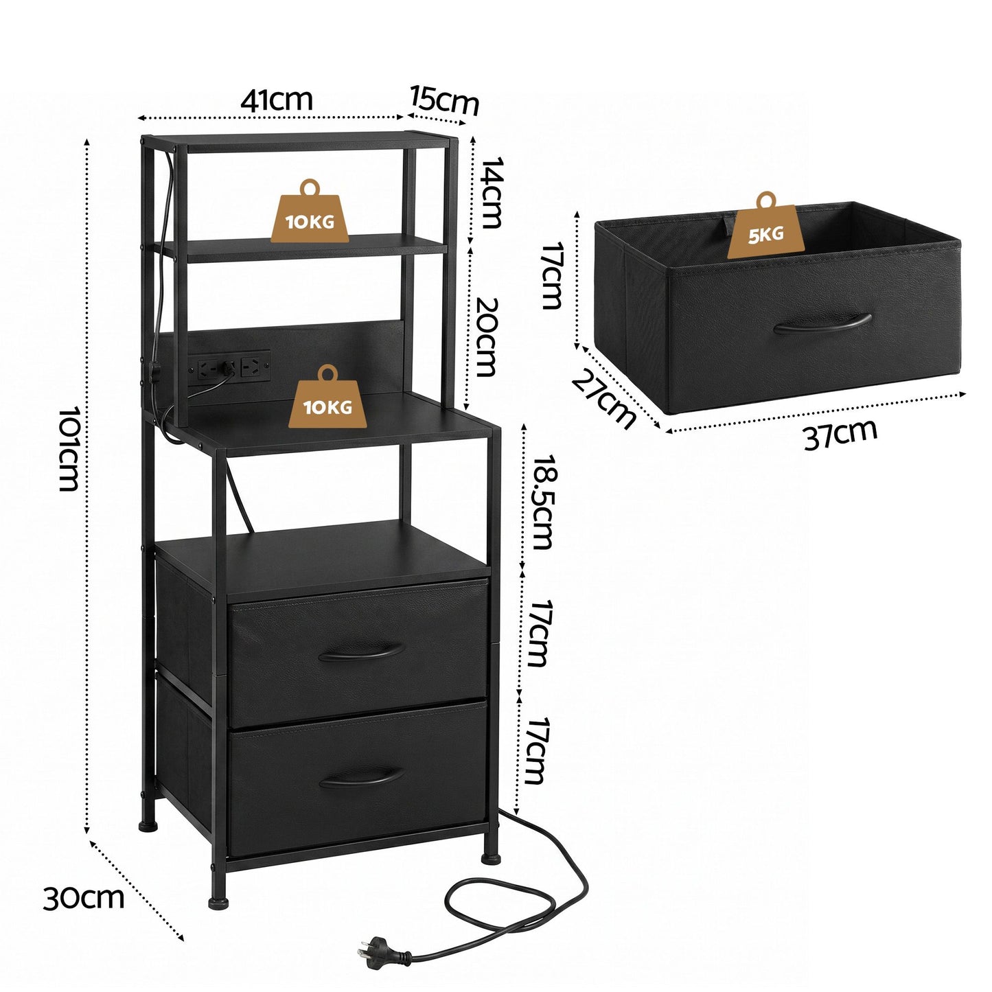 TWSC Bedside Table Tall Nightstand with Charging Station Drawers LED Black