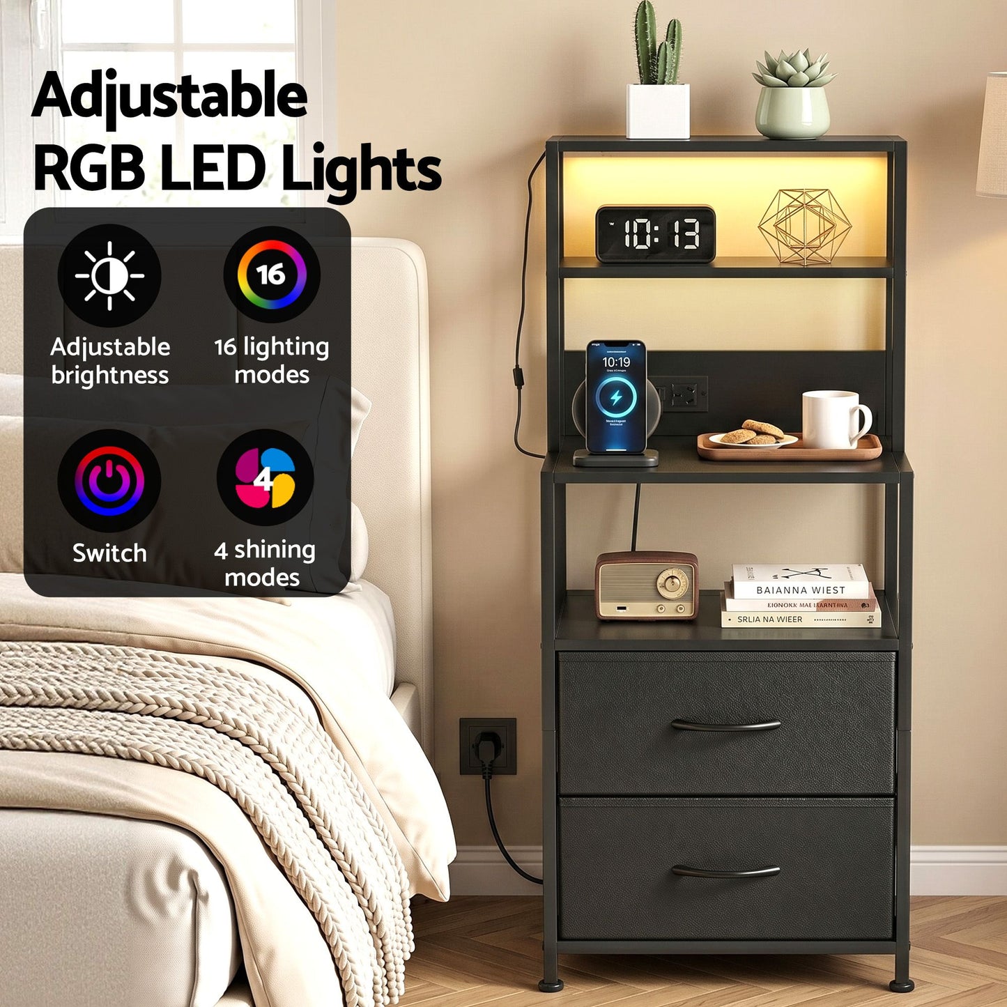 TWSC Bedside Table Tall Nightstand with Charging Station Drawers LED Black