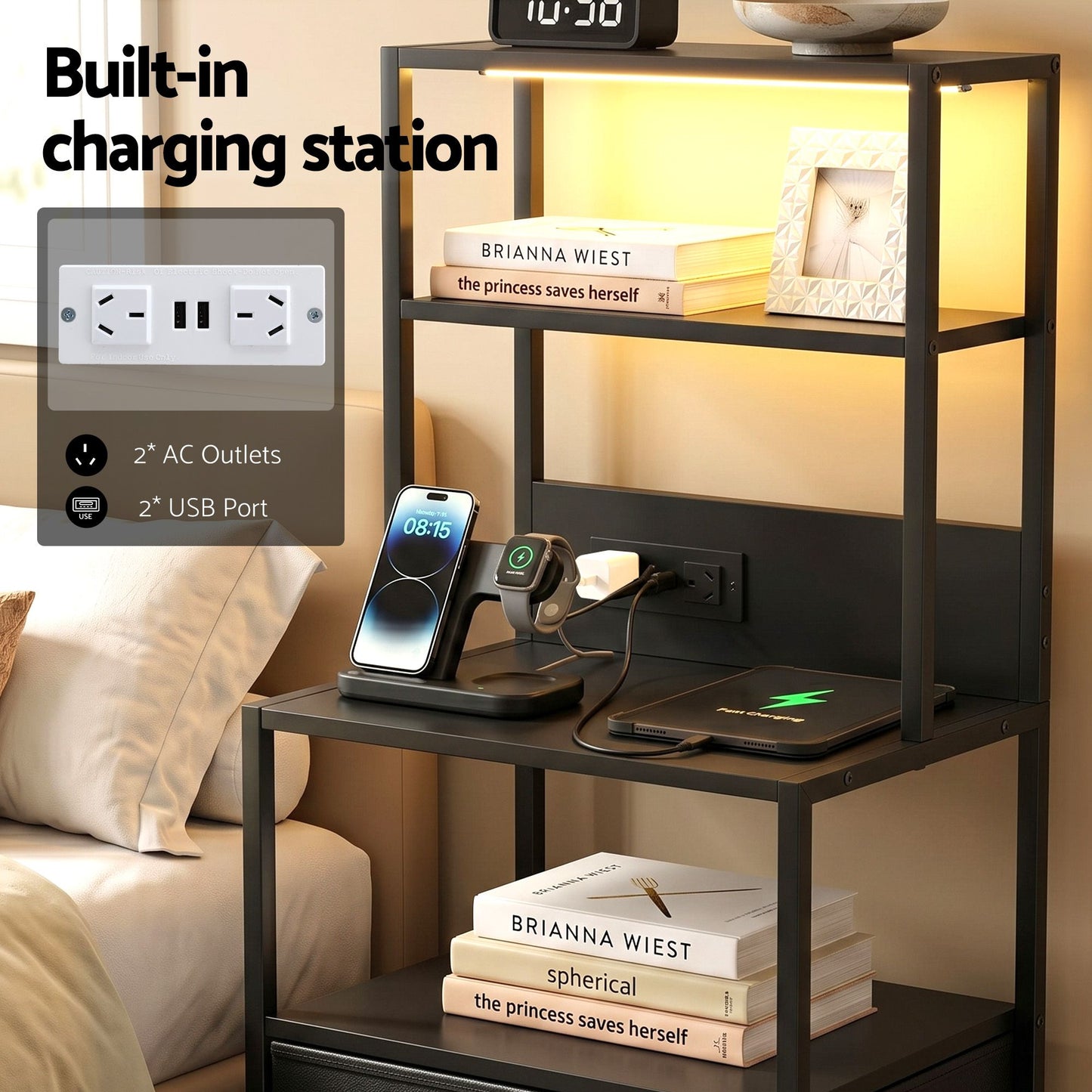 TWSC Bedside Table Tall Nightstand with Charging Station Drawers LED Black