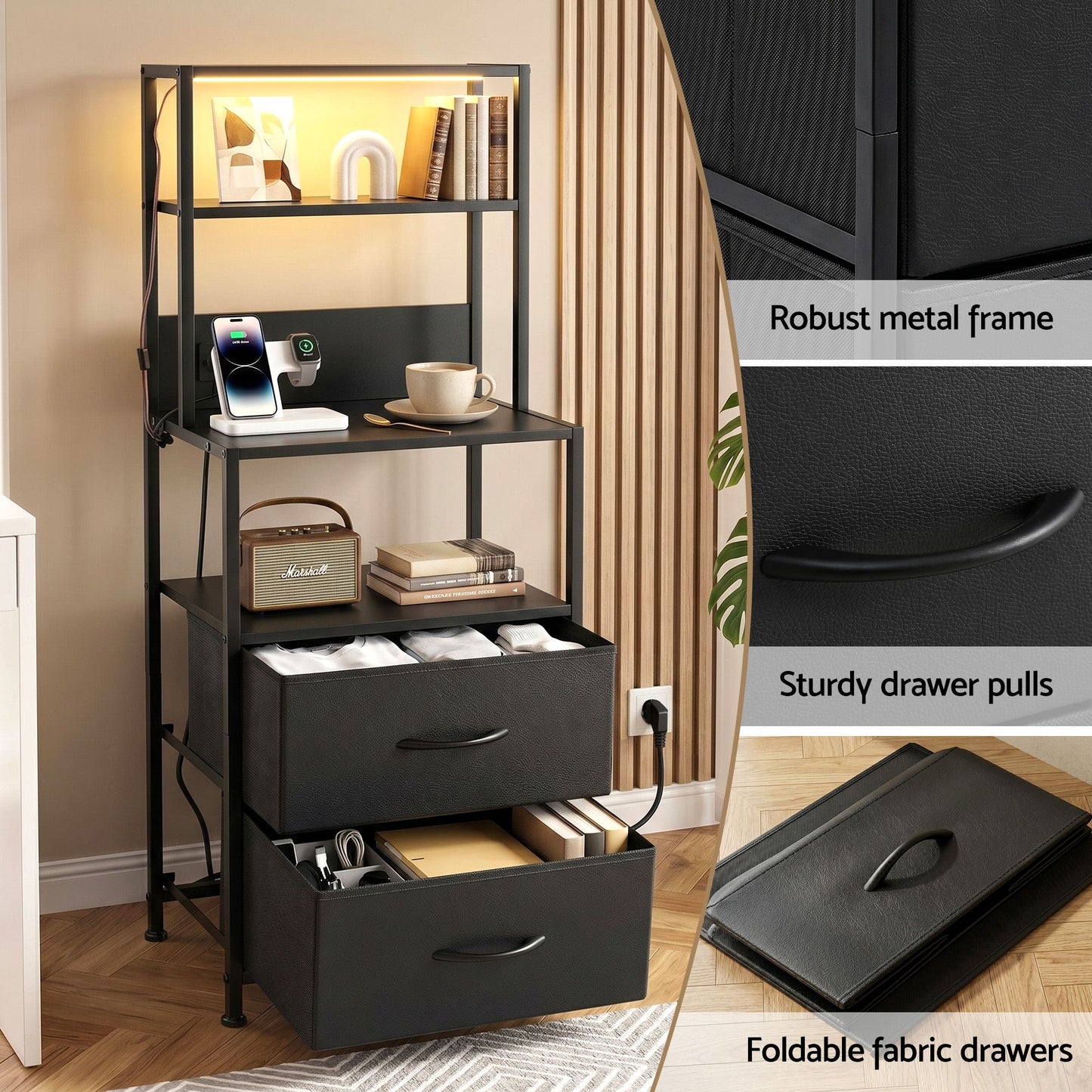 TWSC Bedside Table Tall Nightstand with Charging Station Drawers LED Black