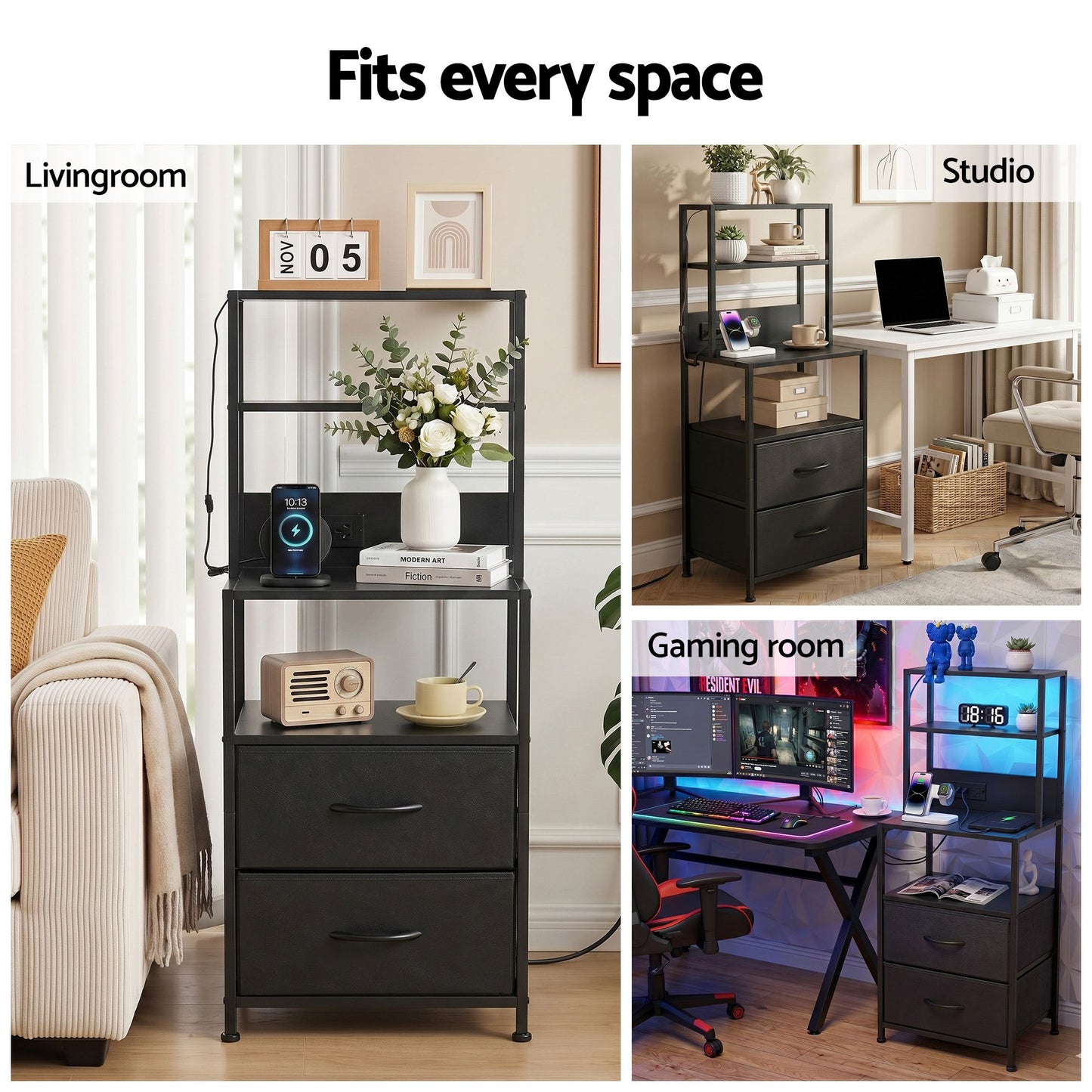 TWSC Bedside Table Tall Nightstand with Charging Station Drawers LED Black