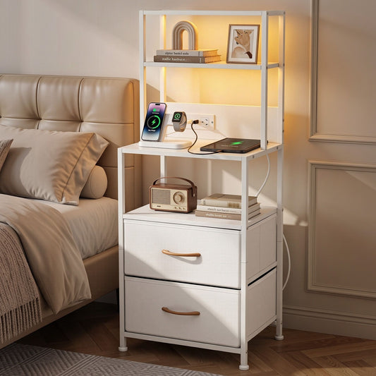 TWSC Bedside Table Tall Nightstand with Charging Station Drawers LED White