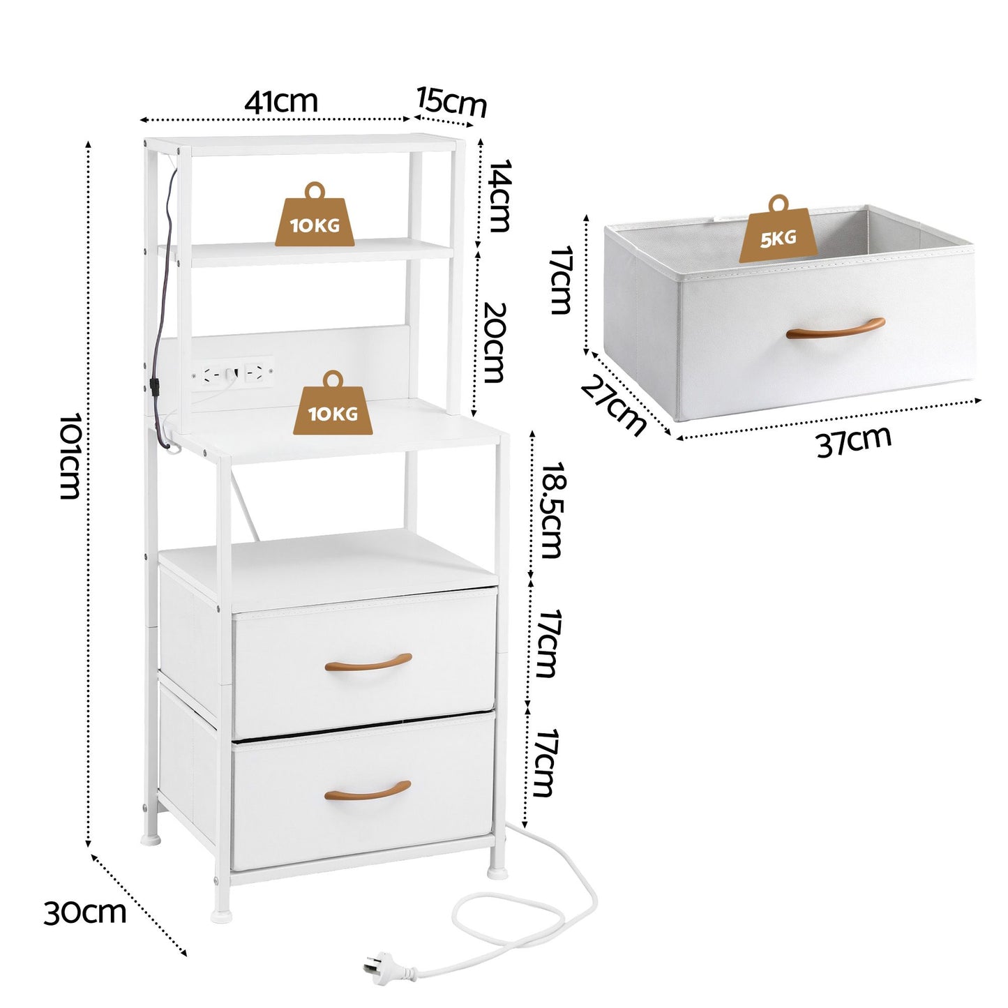 TWSC Bedside Table Tall Nightstand with Charging Station Drawers LED White