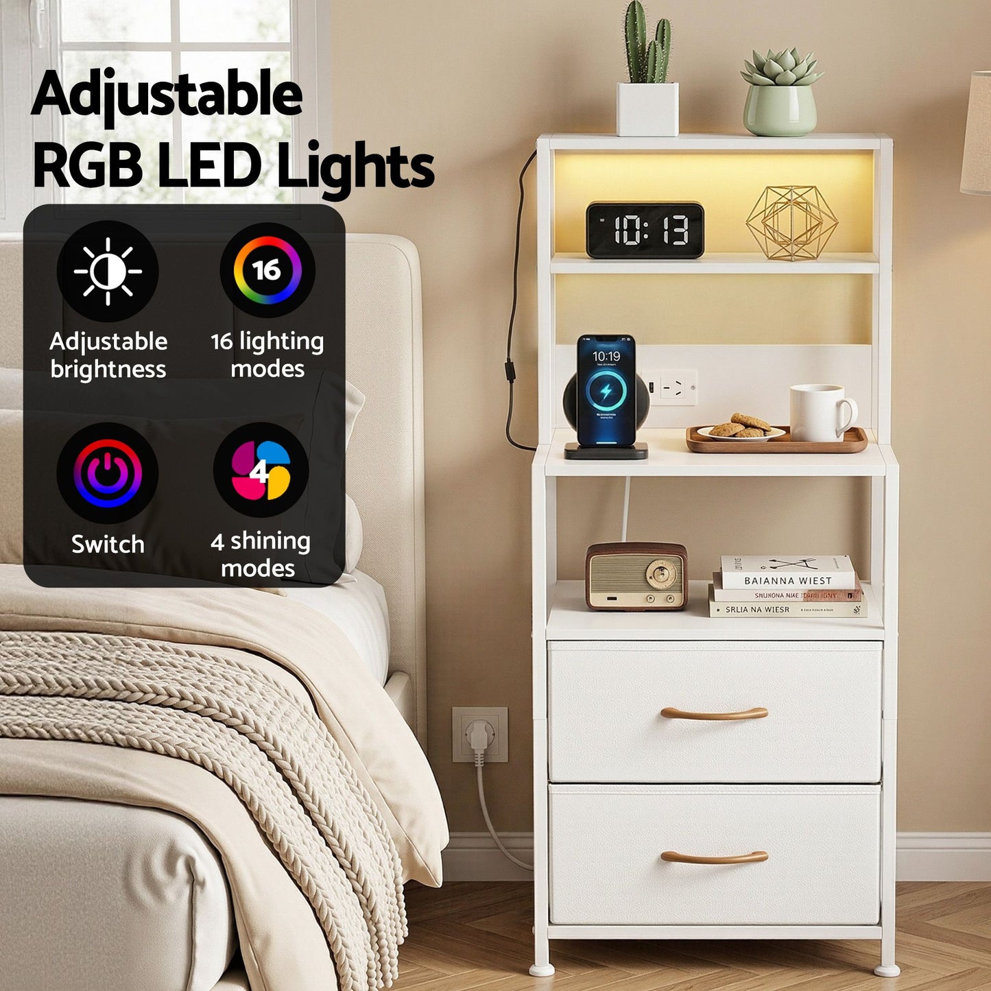 TWSC Bedside Table Tall Nightstand with Charging Station Drawers LED White