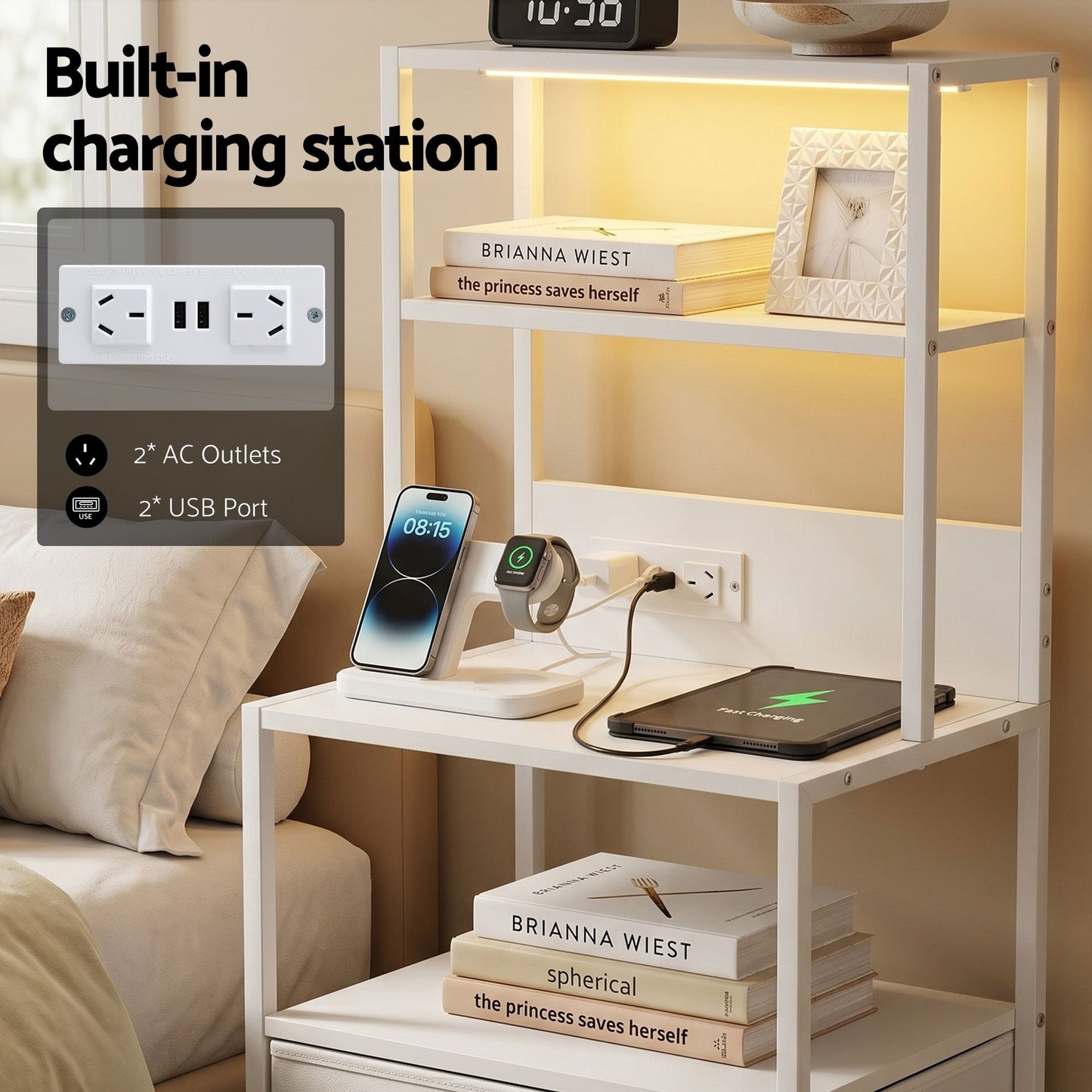 TWSC Bedside Table Tall Nightstand with Charging Station Drawers LED White