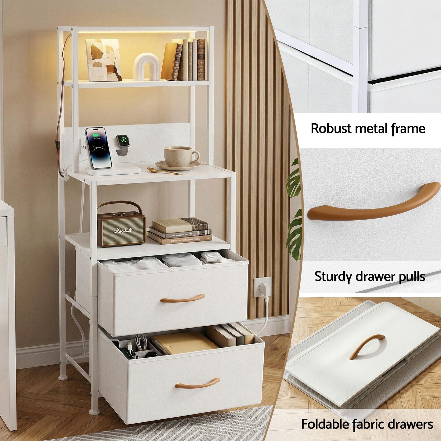 TWSC Bedside Table Tall Nightstand with Charging Station Drawers LED White