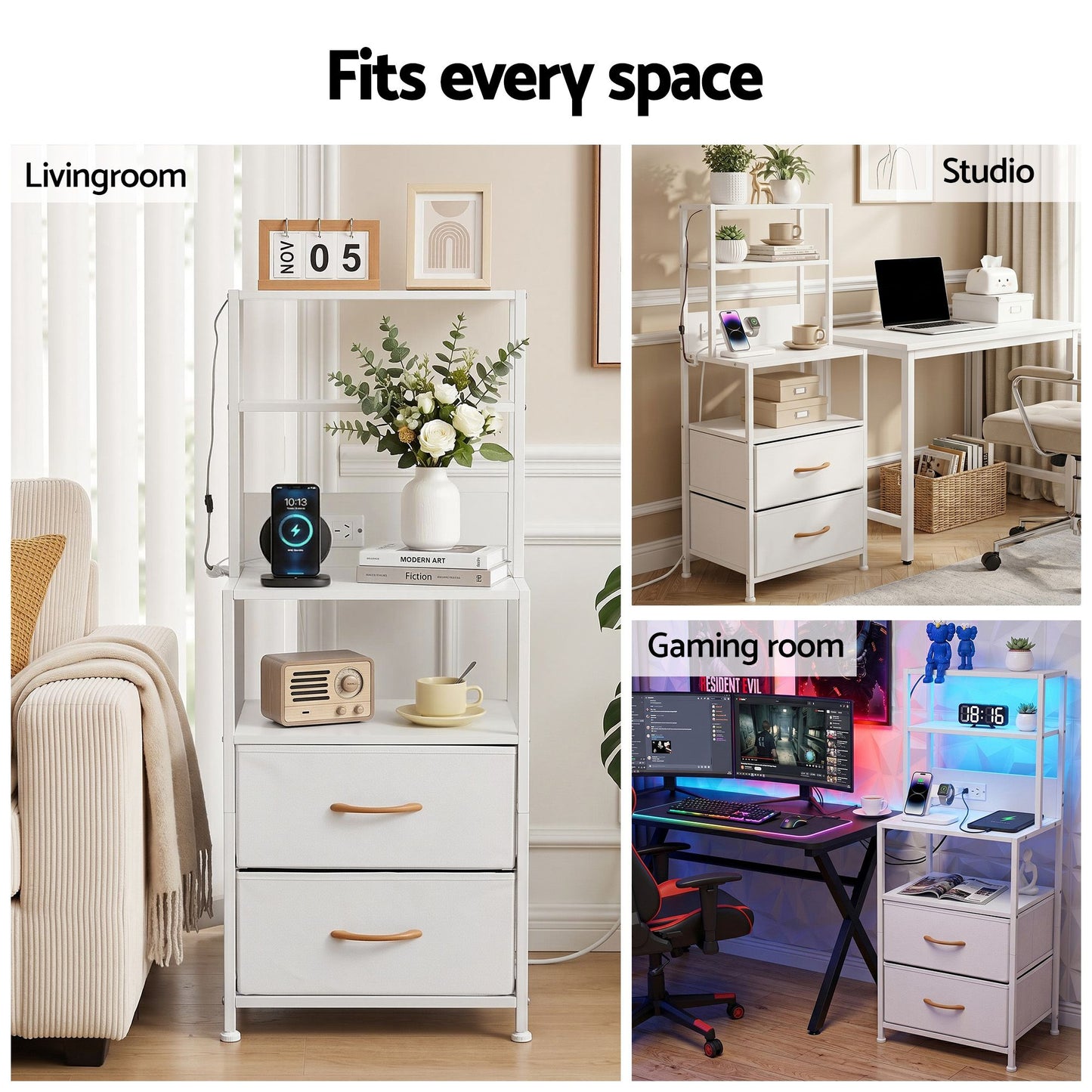 TWSC Bedside Table Tall Nightstand with Charging Station Drawers LED White