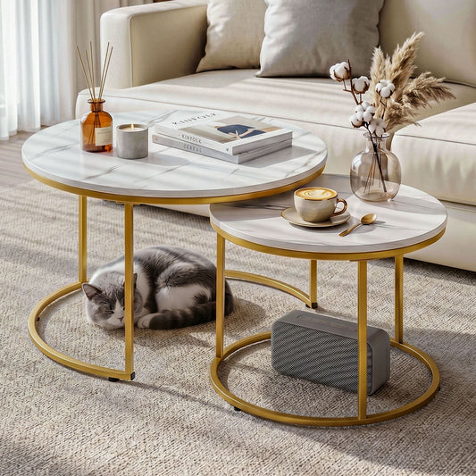 TWSC Nesting Coffee Table Set of 2 Round Marble Effect 70/50cm White & Gold