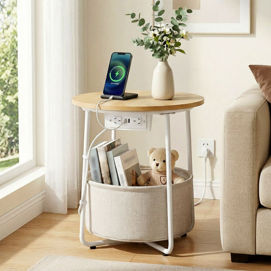 Round coffee table with charging station, featuring a wooden top, metal legs, and fabric storage basket beneath.