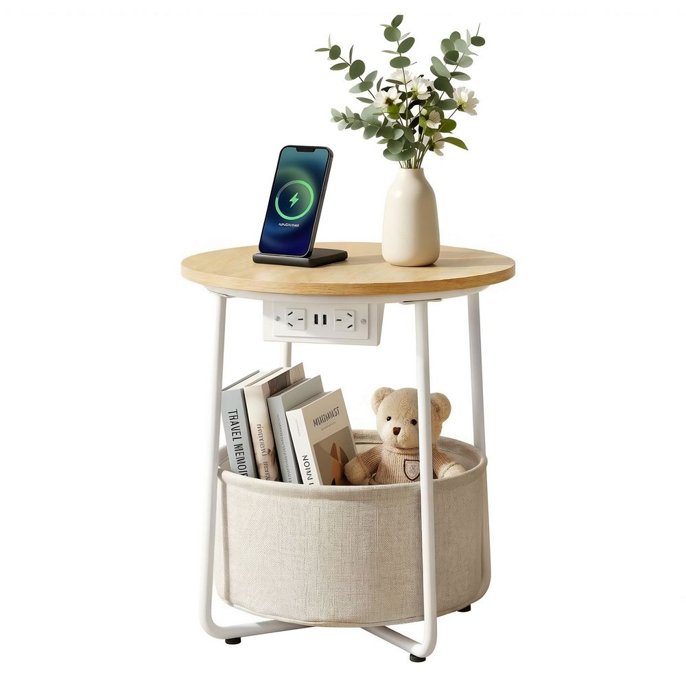 Round Coffee Table with Charging Station and Storage Basket – 45cm Wood & Metal