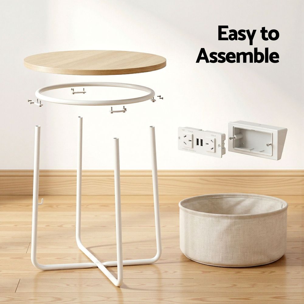 Round Coffee Table with Charging Station and Storage Basket – 45cm Wood & Metal