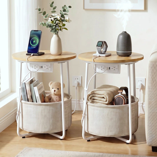 TWSC Set of 2 Round Coffee Table Bedside Side End Table Charging Station Storage Basket