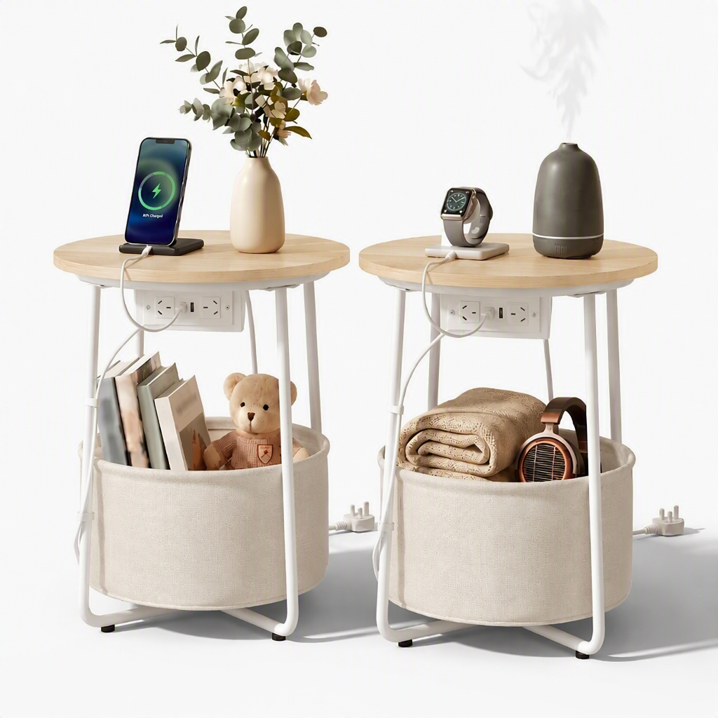 TWSC Set of 2 Round Coffee Table Bedside Side End Table Charging Station Storage Basket