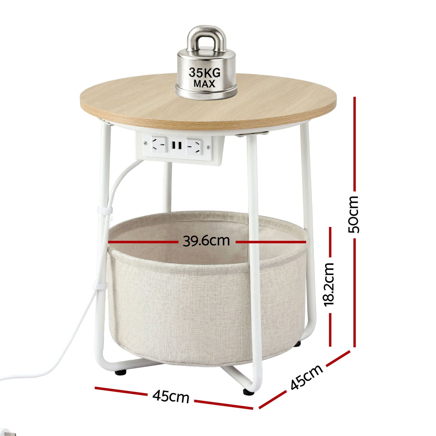 TWSC Set of 2 Round Coffee Table Bedside Side End Table Charging Station Storage Basket