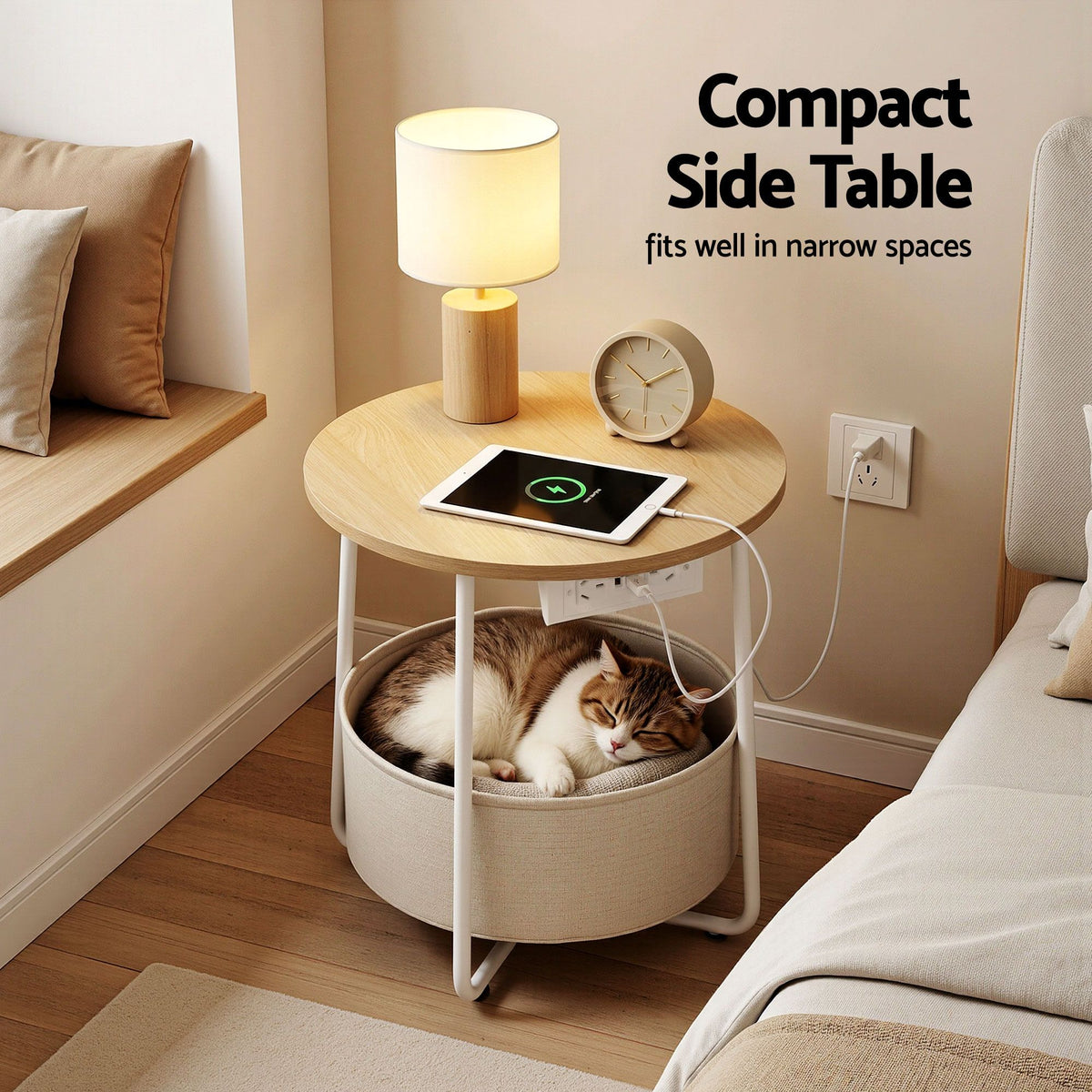 TWSC Set of 2 Round Coffee Table Bedside Side End Table Charging Station Storage Basket