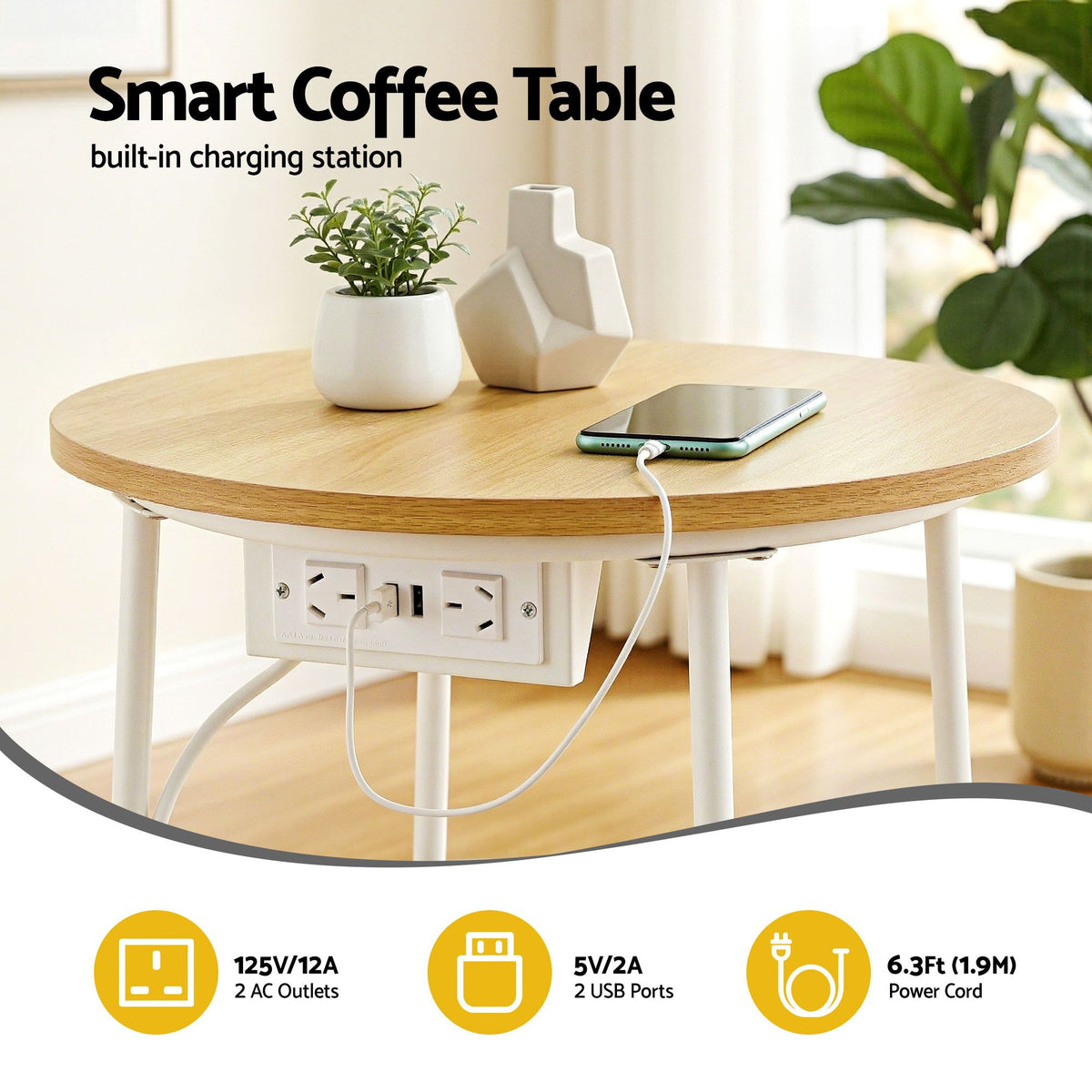 TWSC Set of 2 Round Coffee Table Bedside Side End Table Charging Station Storage Basket