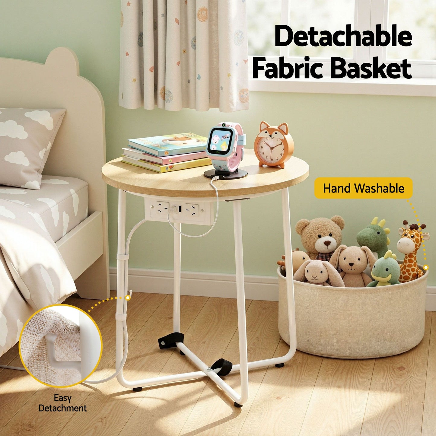 TWSC Set of 2 Round Coffee Table Bedside Side End Table Charging Station Storage Basket