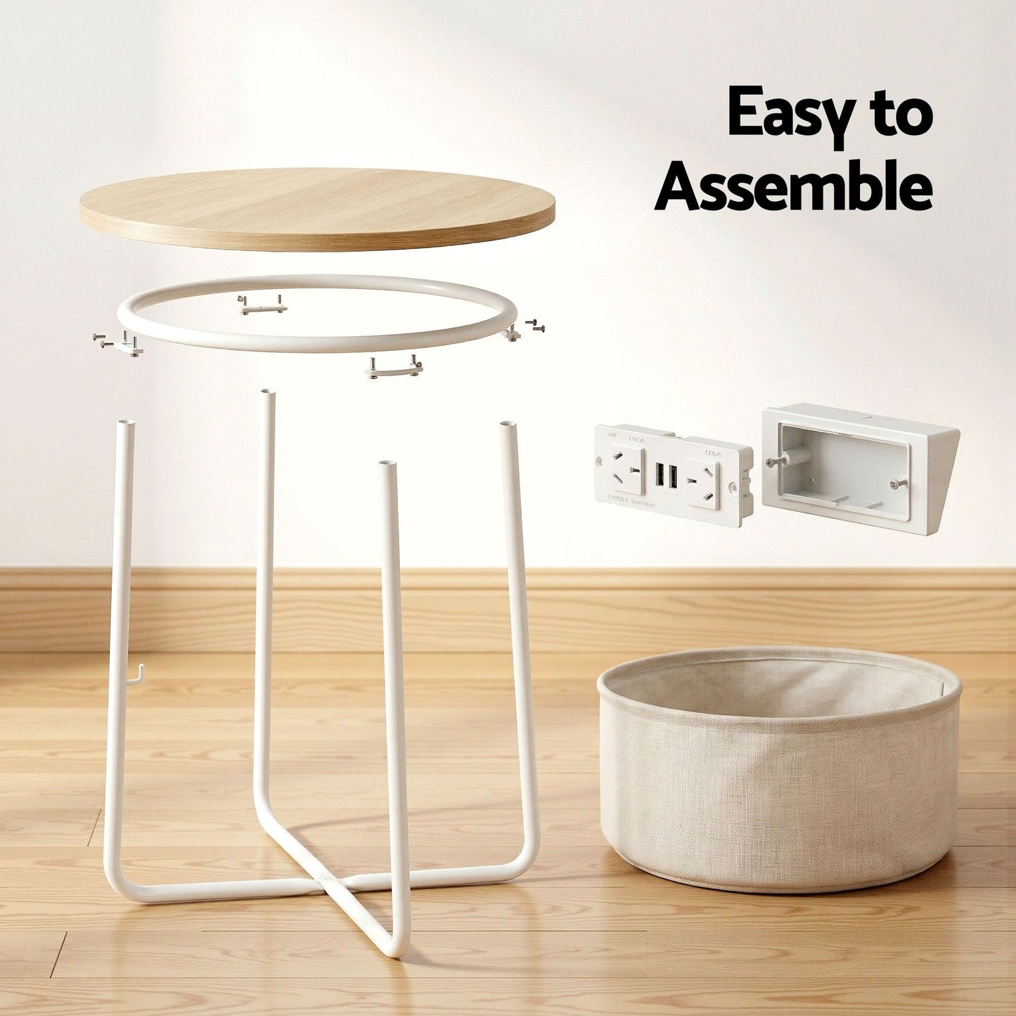 TWSC Set of 2 Round Coffee Table Bedside Side End Table Charging Station Storage Basket
