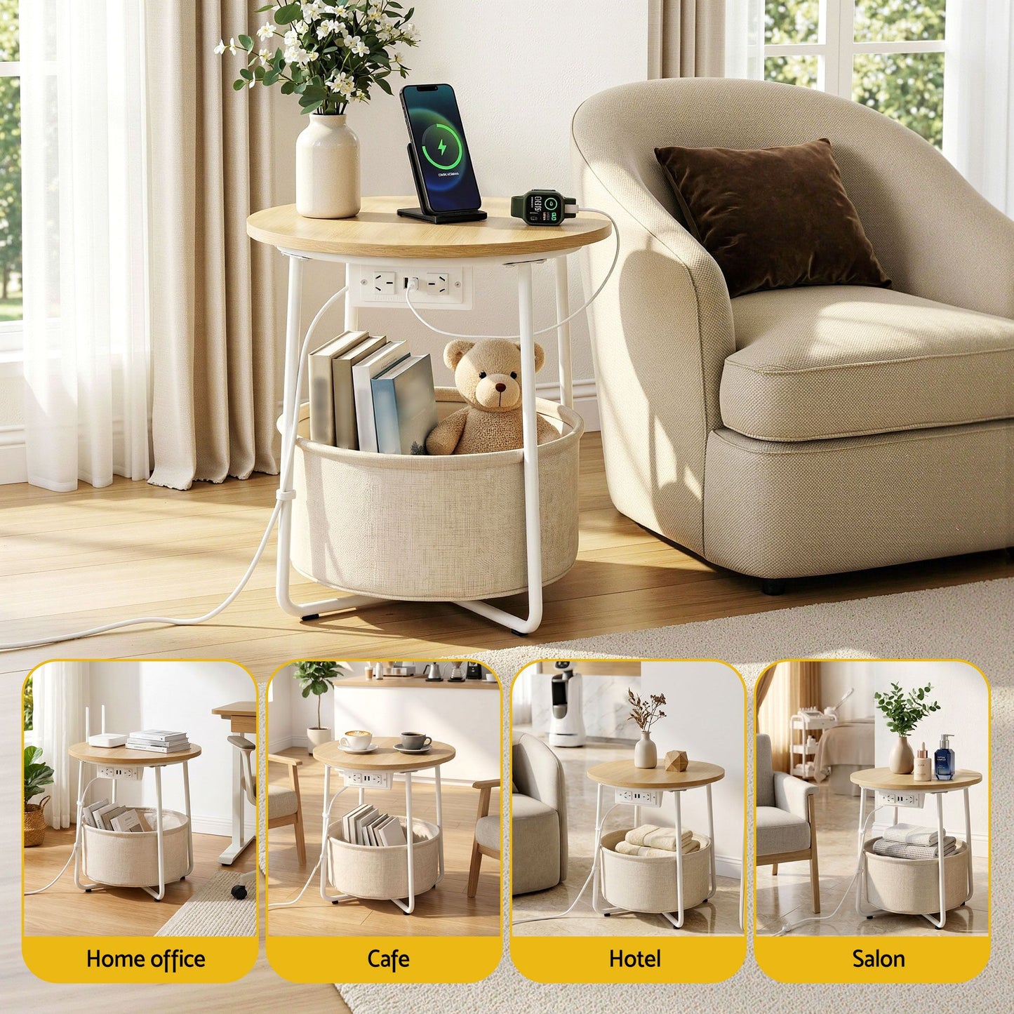 TWSC Set of 2 Round Coffee Table Bedside Side End Table Charging Station Storage Basket