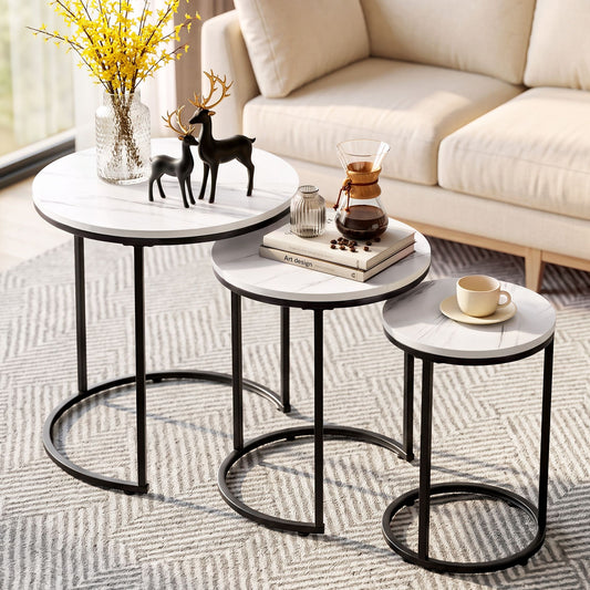 TWSC Nesting Coffee Table Set of 3 Round Stackable Side End Tables Marble Finish White