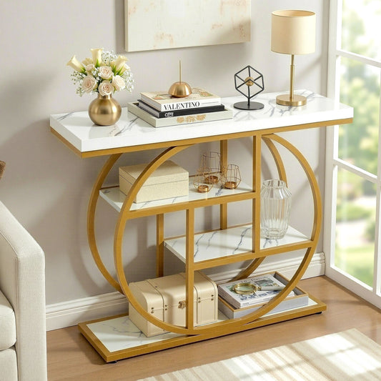 Console Table – Marble Effect Top, 4-Tier Shelves, White & Gold, 105cm