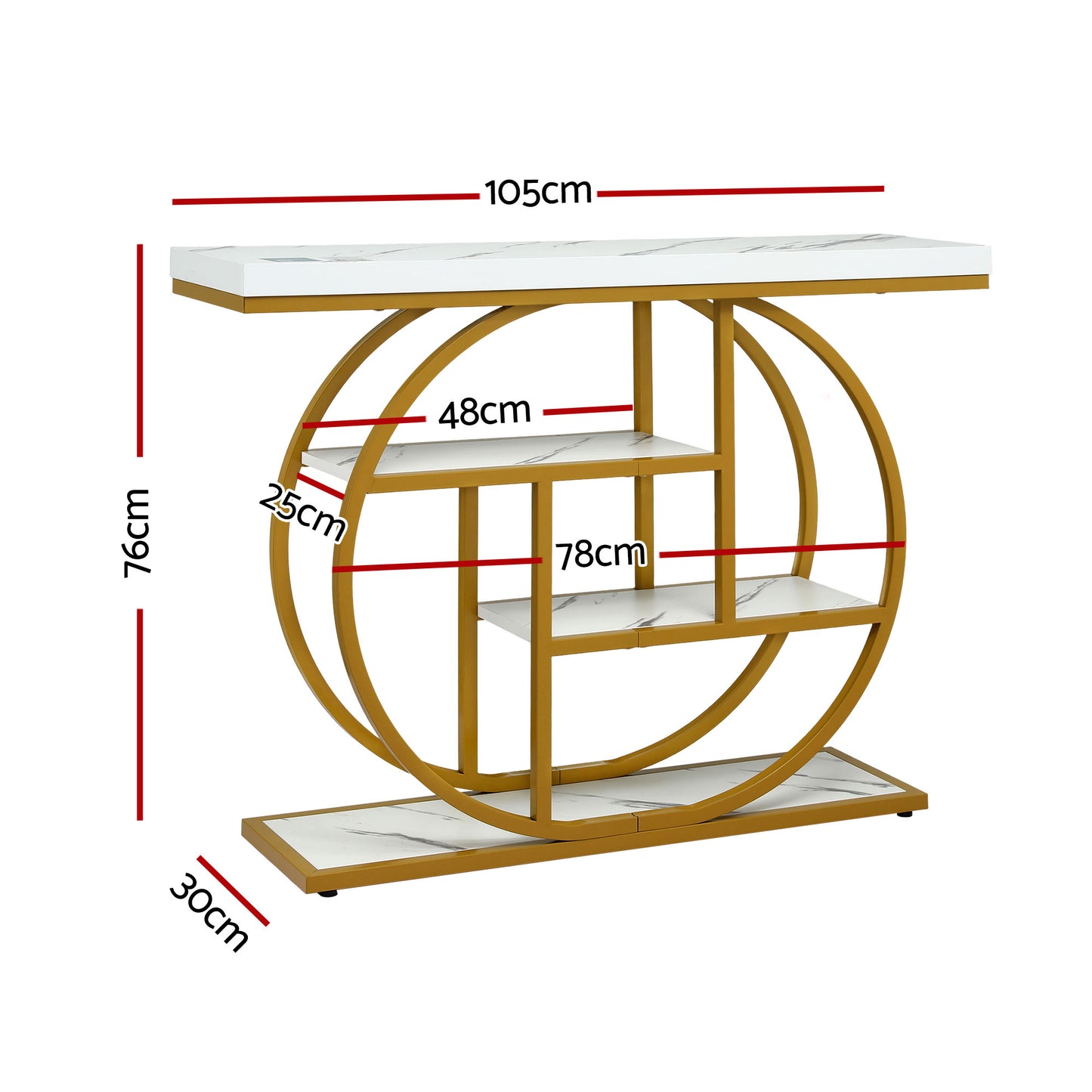 Console Table – Marble Effect Top, 4-Tier Shelves, White & Gold, 105cm