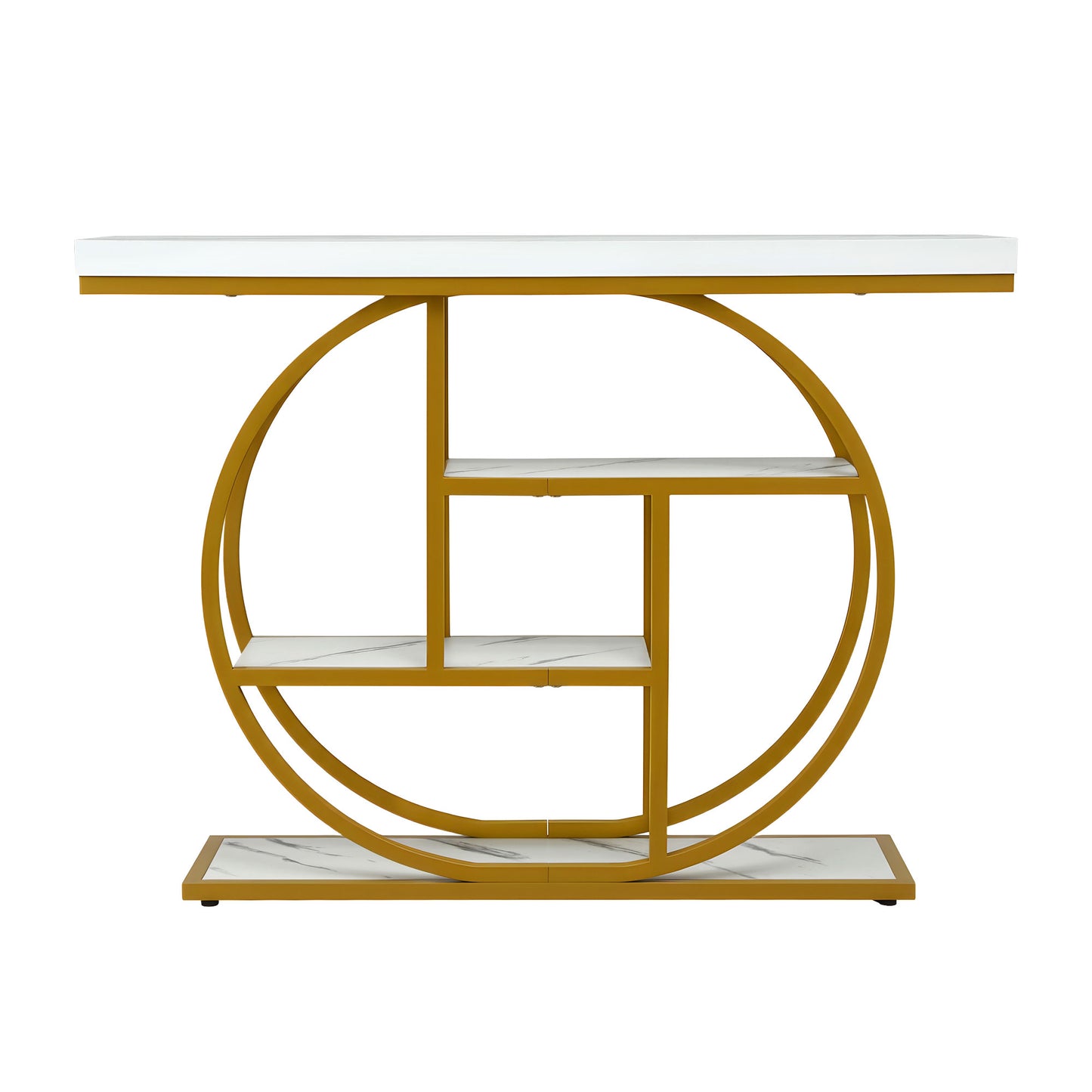 Console Table – Marble Effect Top, 4-Tier Shelves, White & Gold, 105cm
