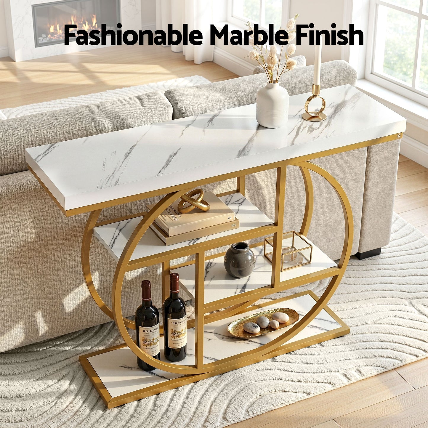 Console Table – Marble Effect Top, 4-Tier Shelves, White & Gold, 105cm